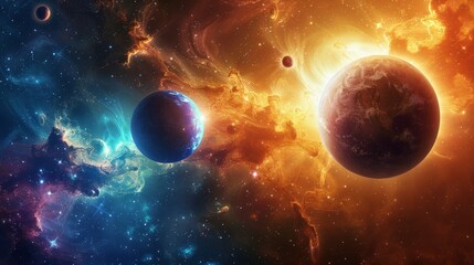 Magical space scene with three planets orbiting a radiant sun.