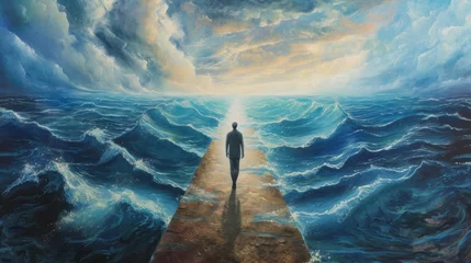 Fotobehang Man Standing on a Narrow Path Amidst Turbulent Ocean Waves Under a Dynamic Sky © Viktoriia