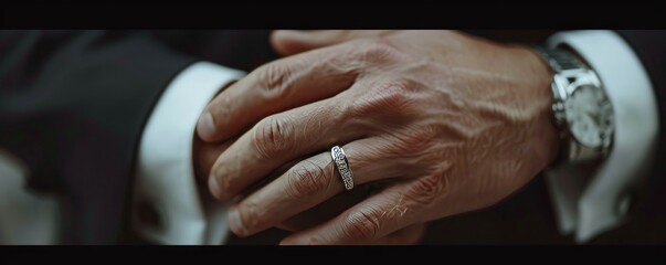 Groom's hand with wedding ring over formal attire.