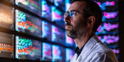 A focused man wearing a business shirt reviews fluctuating stock prices on multiple illuminated trading screens