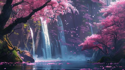 A beautiful scene of a waterfall surrounded by trees and pink flowers