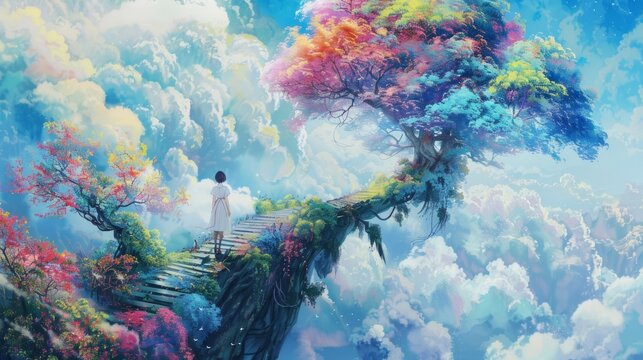 A woman is walking on a bridge over. The bridge is surrounded by trees and flowers. The sky is filled with clouds and the colors are vibrant