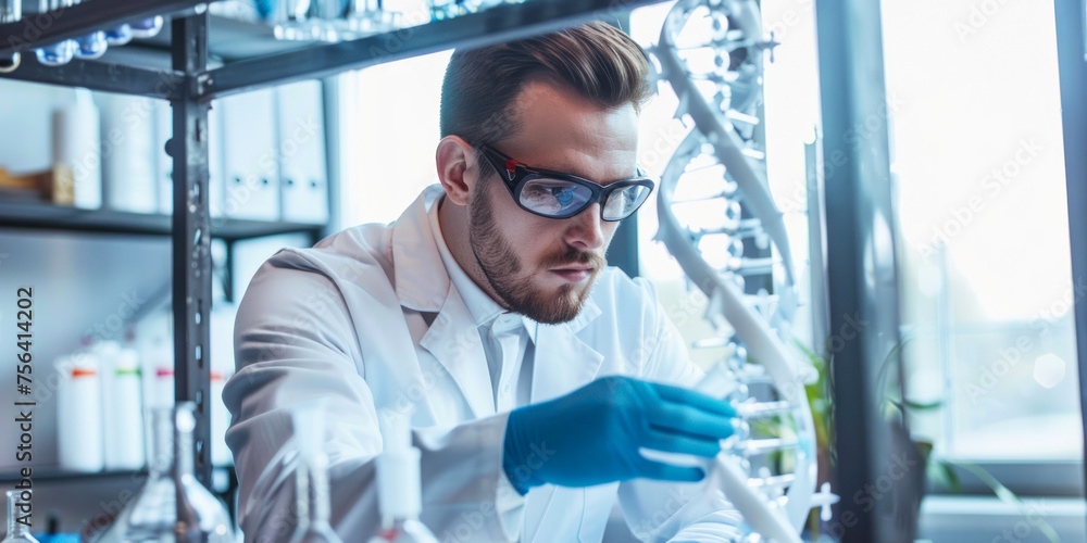 Poster an attentive chemist conducts experiments using colorful liquids in flasks, demonstrating the method
