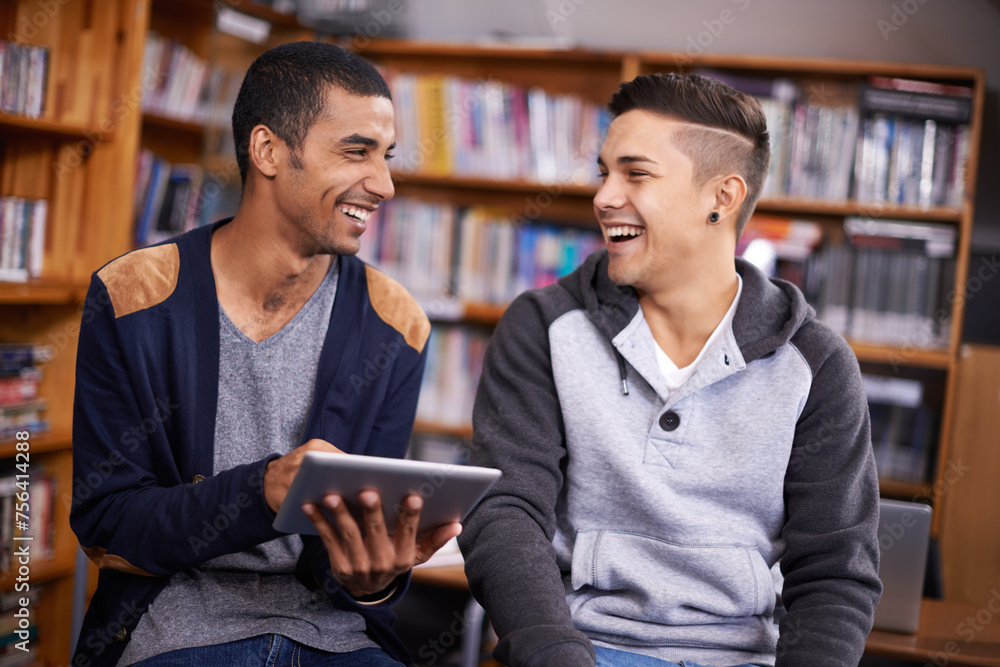 Poster students, library and funny joke on tablet, diversity and social media on break in college. young, m