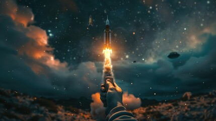 "Rocket Launch with Spaceship Background: Digital Concept Art Illustration in High Resolution"