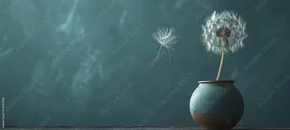 Poster dandelion seed floating in the wind, nature concept with space for text, serene and tranquil scene