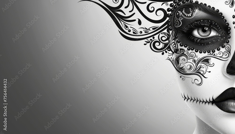 Poster day of the dead event with skeleton face painting and space for personalized text overlay