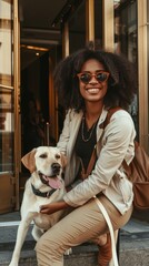 A joyful African American traveler stands at the entrance of a pet-friendly hotel, accompanied by...