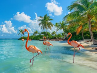 Flamingos wading through clear waters on a tranquil tropical beach lined with palm trees.