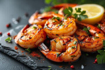 grilled shrimp with lemon and herbs on slate
