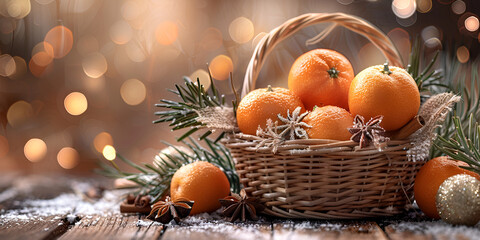 Pine cones and walnuts in wicker basket,Christmas composition with tangerines. - obrazy, fototapety, plakaty