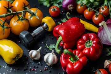 Fototapeta na wymiar Sport and diet. Healthy lifestyle. Vegetables, dumbbells. Peppers, tomatoes, garlic, onion and radish on a black background