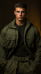Obraz premium Male model in military-inspired attire against an olive-green background.
