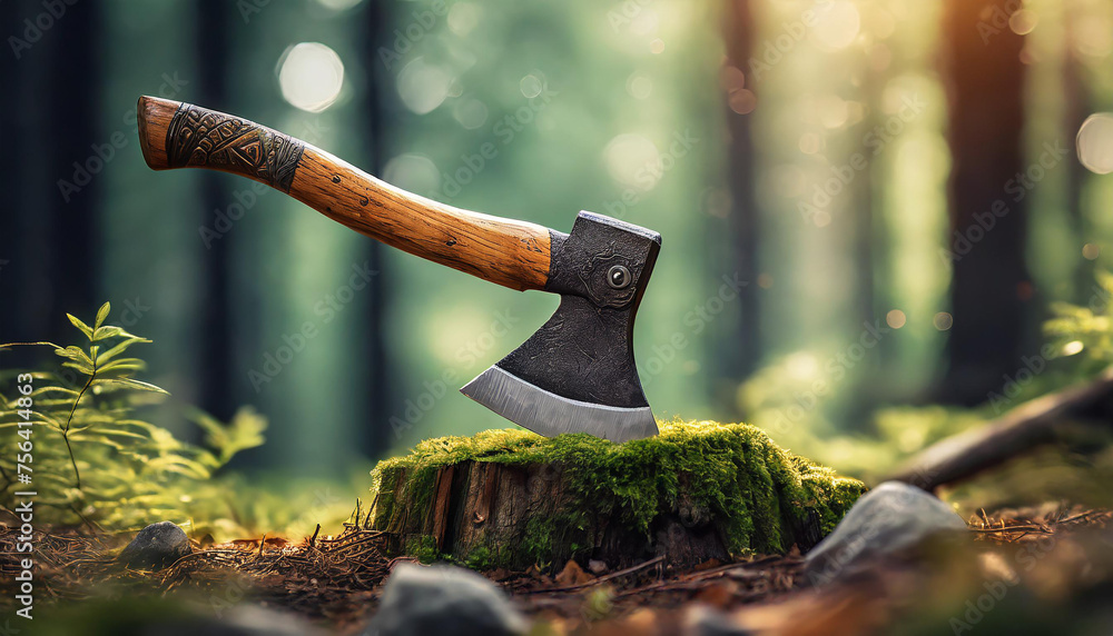 Wall mural old sharp axe with wooden handle stuck in tree stump in dark forest. woodcutter's tool.