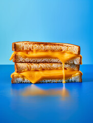Grilled cheese sandwich, melting cheese, blue background, minimal food photo, food photography
