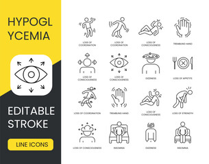 Diabetes symptom hypoglycemia, vector line icon set with editable stroke, loss of attention, diversion of attention, deficit and scatter and dispersion of attention, forgetfulness - obrazy, fototapety, plakaty