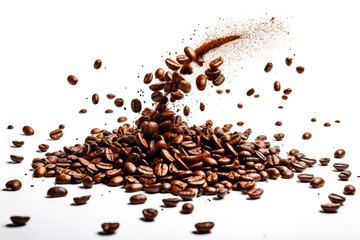 A burst of coffee beans mid-air, almost tangible in the energetic splash against a stark white backdrop.

