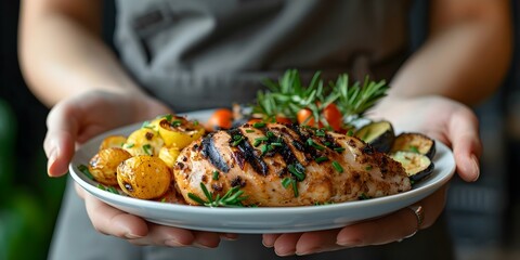 Overhead View of Woman's Hands Presenting Keto-Friendly Meal on White Plate. Concept Food photography, Top-down angle, Keto diet, Healthy eating, Plate presentation