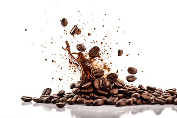 A burst of coffee beans mid-air, almost tangible in the energetic splash against a stark white backdrop.
 - obrazy, fototapety, plakaty