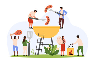Cooking barbecue on grill, grilled meat menu of restaurant or home. Tiny people with kitchen fork and spatula cook sausage and roast chicken leg, picnic dinner preparation cartoon vector illustration