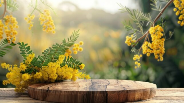 Photo wood podium for products advertising with mimosa or yellow acacia flowers on nature.