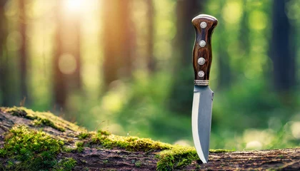 Deurstickers Old sharp hunting knife with wooden handle in dark forest. Green moss. © hardvicore