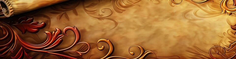 Rich colors and elegant scroll paper on a solid background, with room for your text.