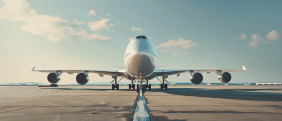 Majestic airplane on runway, epitome of human ingenuity in travel. - obrazy, fototapety, plakaty
