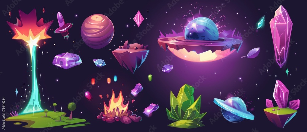 Poster Game interface elements set with floating alien planet ground platform with purple surface, magic portal and explosion effect, gemstones, and spaceships.