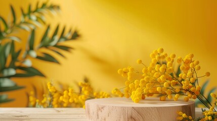 Photo wood podium for products advertising with mimosa or yellow acacia flowers on nature.