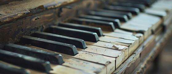 Weathered piano keys whisper tales of bygone musical echoes, an air of nostalgia.