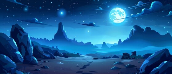 In the dark of dusk, a road leads to rocky hills with a full moon under a starry sky with clouds. Cartoon modern illustration of dark blue dusk scenery with a road and rocks.