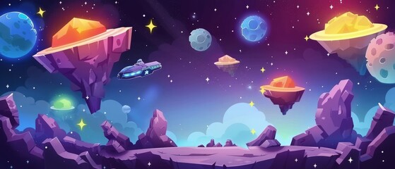 Cartoon videogame universe interface with floating islands, floating star rating, flying spaceship on outer space background with alien planets, and rock platform stage on the way to jump. - obrazy, fototapety, plakaty