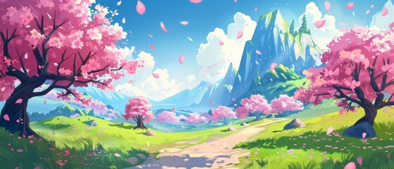 Beautiful summer scenery with pink sakura trees. Modern illustration of a walking path between cherry blossoms, petals flying in the air, flowers in green grass, travel background.