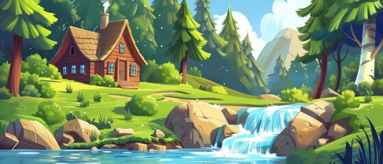 Cartoon modern summer landscape with wood hut or cabin on riverbank, water stream fall on big rocks, green trees and grass, and wood hut in forest.