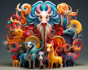 3d mythical animal illustration in pastel color for graphic design. A colorful collage of zodiac animals, including a cow, a horse, and a dragon