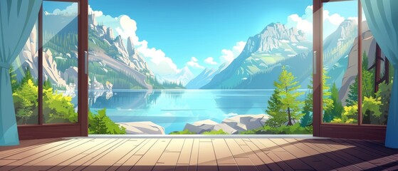A view of a mountain lake from a wooden terrace. Modern illustration of a chalet house veranda with glass door, depicting beautiful springtime nature scenery with rocky summits, green trees, and