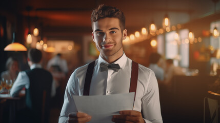 Obraz premium Portrait of a Smiling Male Waiter in a Restaurant, Radiating Professionalism and Hospitality, Capturing the Essence of Friendly Service. Perfect for Restaurant Promotions, Hospitality Industry Materia