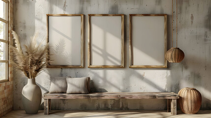 Fototapeta na wymiar Living room with a hardwood bench, three empty frames on wall