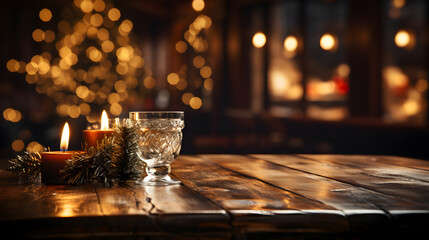 Decorated branches of Christmas tree on wooden table. Copy space, New Year holidays theme.