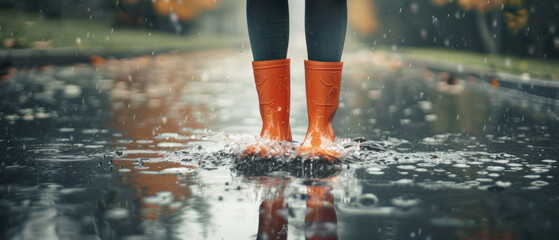 Joyful splashing as boots meet puddles, a playful dance in the rain.