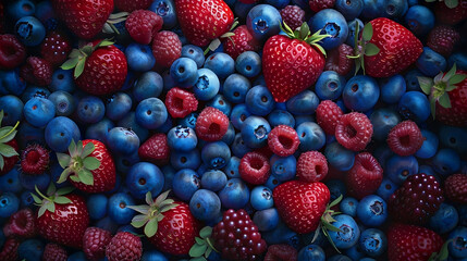 bright fruit and berry background. Background of strawberries, blackberries, raspberries. Background of various healthy fresh fruits and berries, top view. Healthy eating concept.