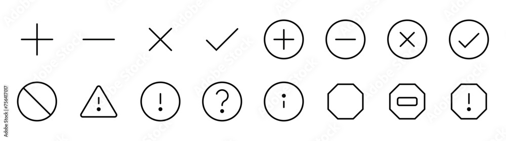 Poster add, remove, plus and minus, positive and negative, add and delete, caution, stop, tick, right round
