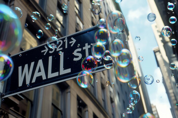 Wall Street sign in a bubble. Stock market financial bubble