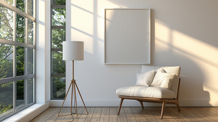 a cozy armchair in the corner of a living room with large windows. a floor lamp stands next to the armchair and casts a warm light into the room. it's great summer weather outside with bright sunshine - obrazy, fototapety, plakaty