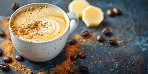 Indulge in a Luxurious Bulletproof Coffee with Organic Butter and MCT Oil. Concept Coffee, Bulletproof, Organic Butter, MCT Oil, Luxury