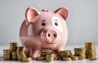 Piggy bank with golden coins saving money concept on isolated background. 
