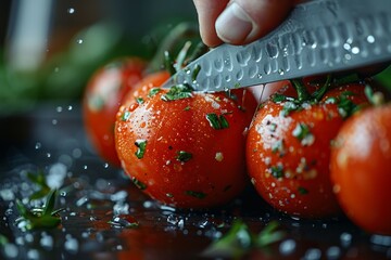 Extra close-up of a knife cutting one large tomato.