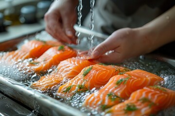 Female hands wash salmon fillets in the sink. - obrazy, fototapety, plakaty