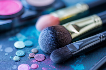 Makeup products, cosmetics, eye shadows, blush and brushes creative colorful background. Beauty salon, makeup artist or cosmetic drugstore website. 